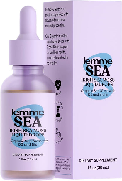 Lemme Irish Sea Moss Organic Liquid Drops with Vitamin D3 and Biotin for Trace Mineral Support 1 oz, 30 Servings